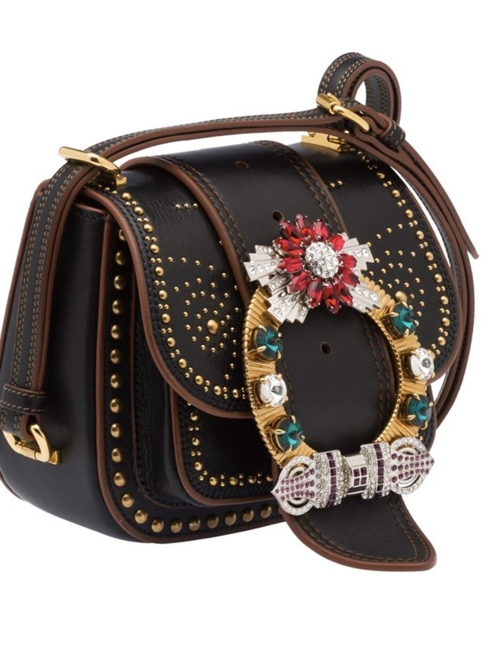 Miu Miu Dahlia Embellished Dark Brown Leather Shoulder Bag with Jewel Buckle